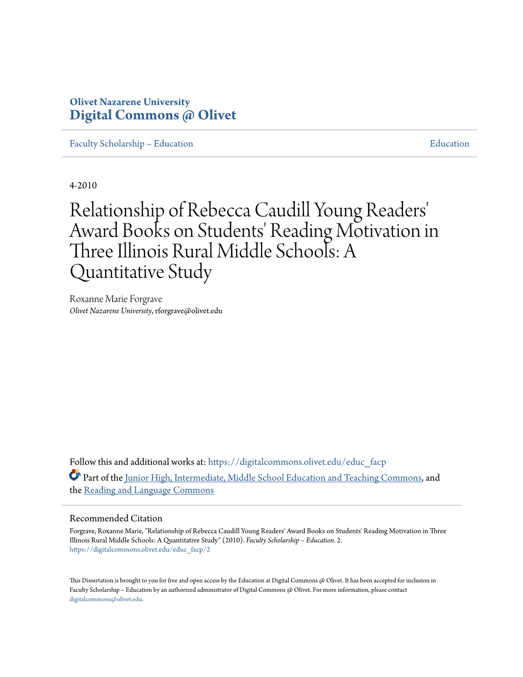 Relationship of Rebecca Caudill Young Readers' Award Books On