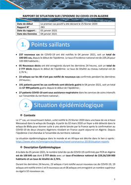 Rapport De Situation Sur L'epidemie Du Covid-19 En Algerie