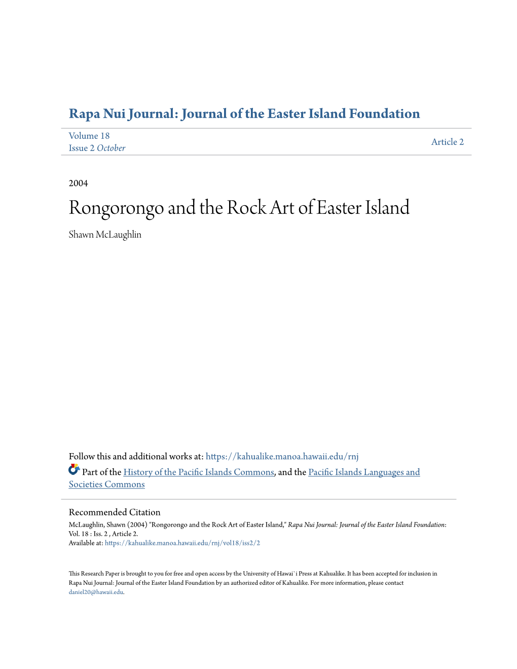 Rongorongo and the Rock Art of Easter Island Shawn Mclaughlin