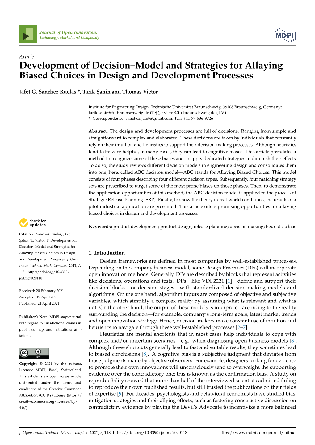 Development of Decision–Model and Strategies for Allaying Biased Choices in Design and Development Processes