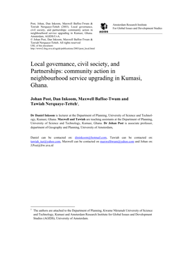 Local Governance, Civil Society, and Partnerships: Community Action in Neighbourhood Service Upgrading in Kumasi, Ghana