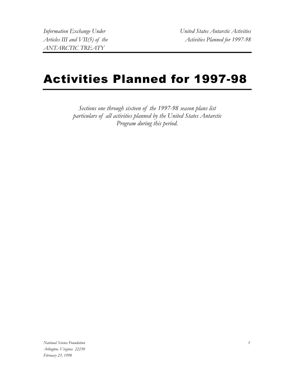 Activities Planned for 1997-98