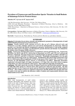 Prevalence of Trypanosoma and Plasmodium Species' Parasites In