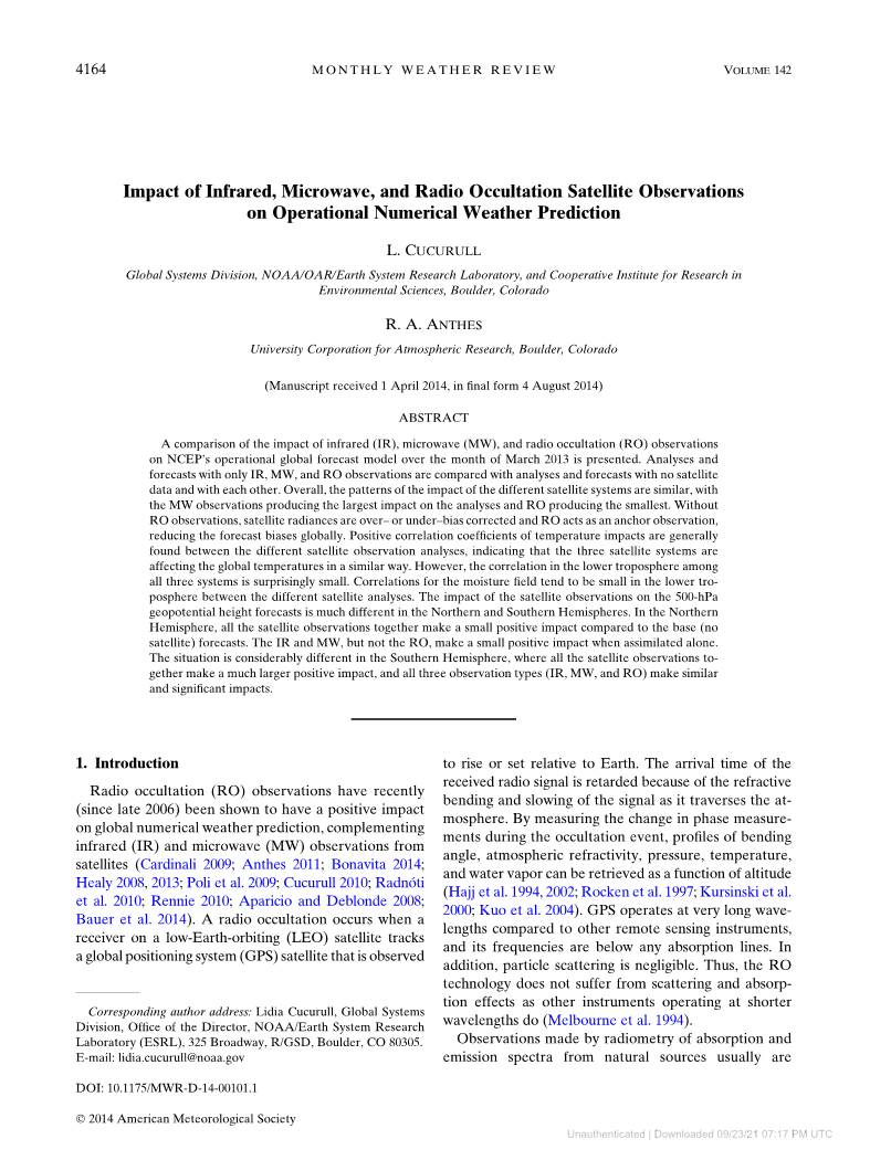 Impact of Infrared, Microwave, and Radio Occultation Satellite Observations on Operational Numerical Weather Prediction