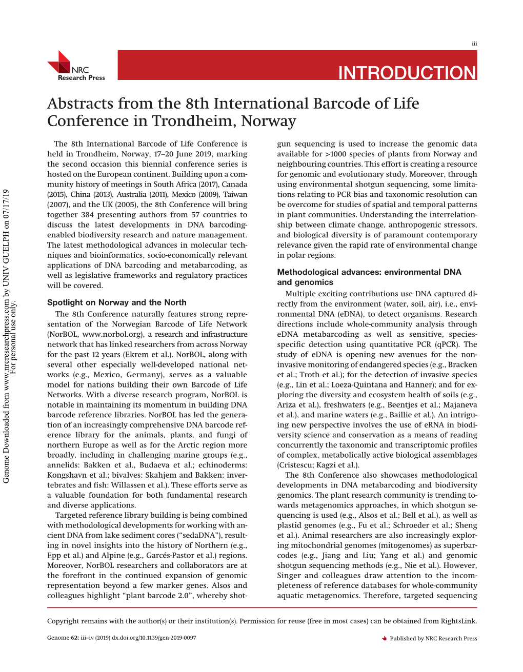 INTRODUCTION Abstracts from the 8Th International Barcode of Life Conference in Trondheim, Norway