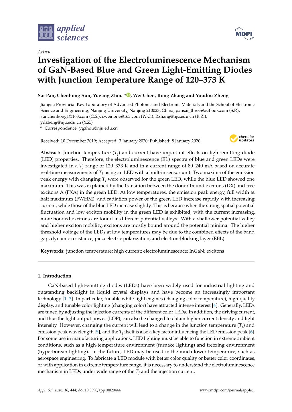 Investigation of the Electroluminescence Mechanism of Gan-Based Blue and Green Light-Emitting Diodes with Junction Temperature Range of 120–373 K