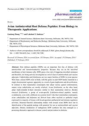 Avian Antimicrobial Host Defense Peptides: from Biology to Therapeutic Applications