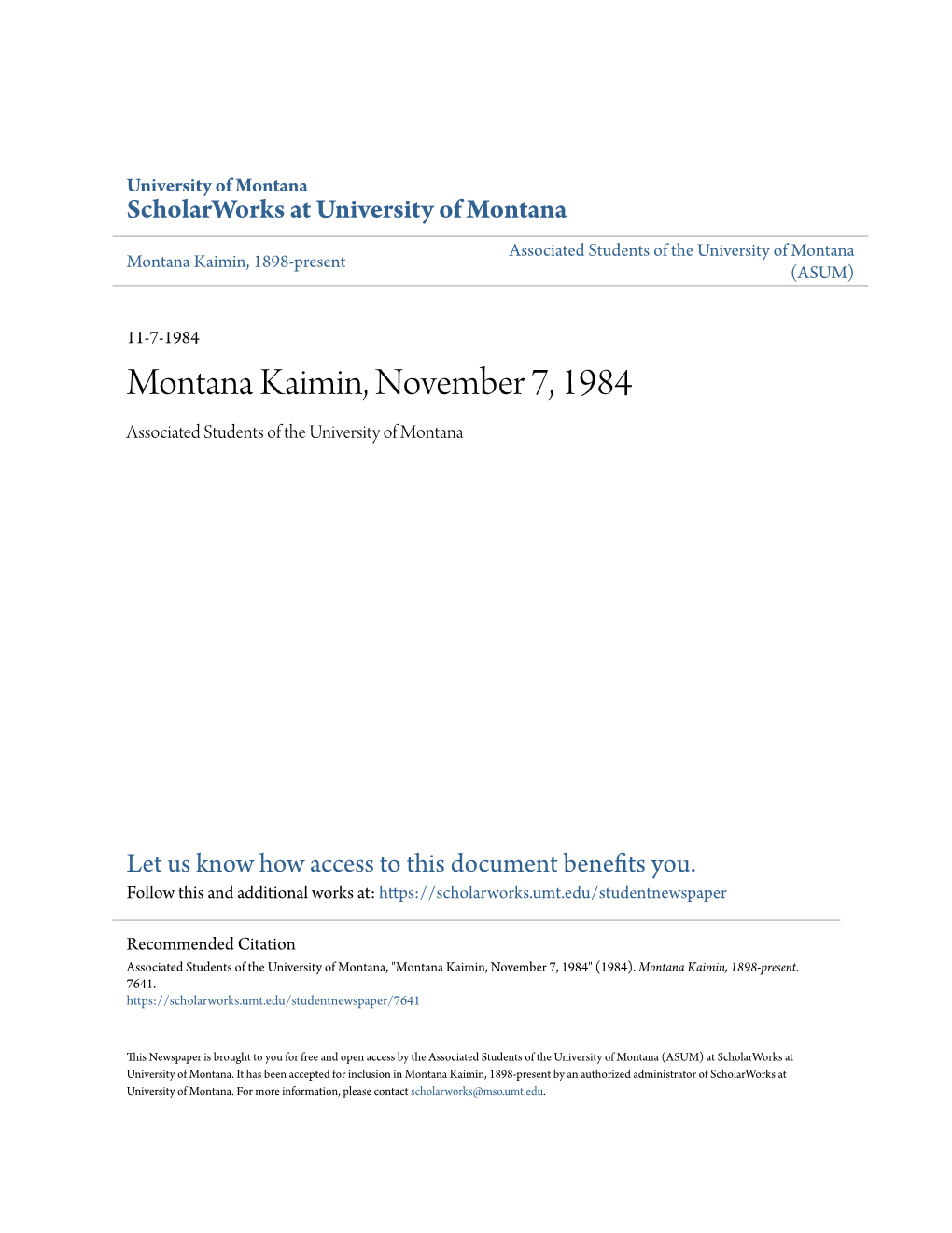 Montana Kaimin, November 7, 1984 Associated Students of the University of Montana