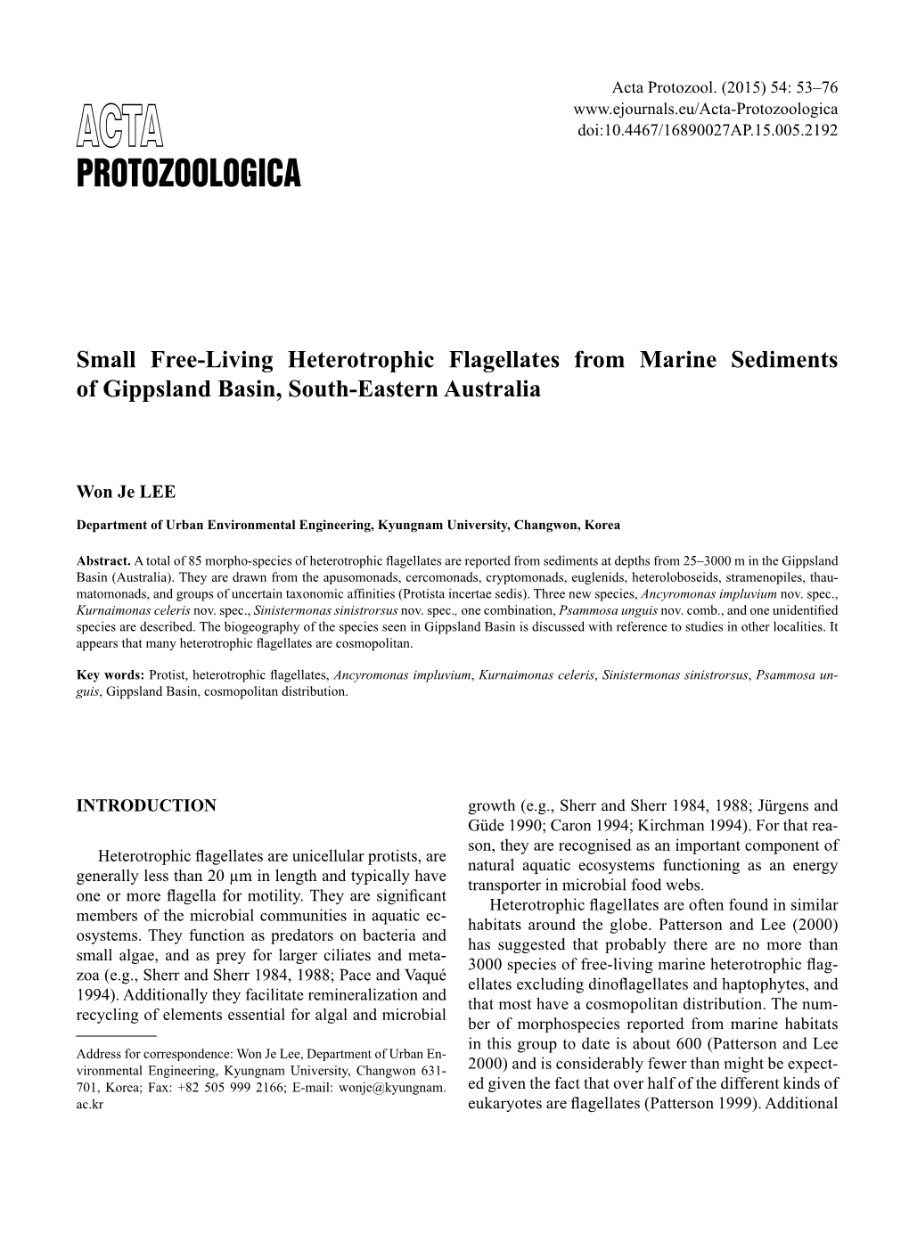 Small Free-Living Heterotrophic Flagellates from Marine Sediments of Gippsland Basin, South-Eastern Australia