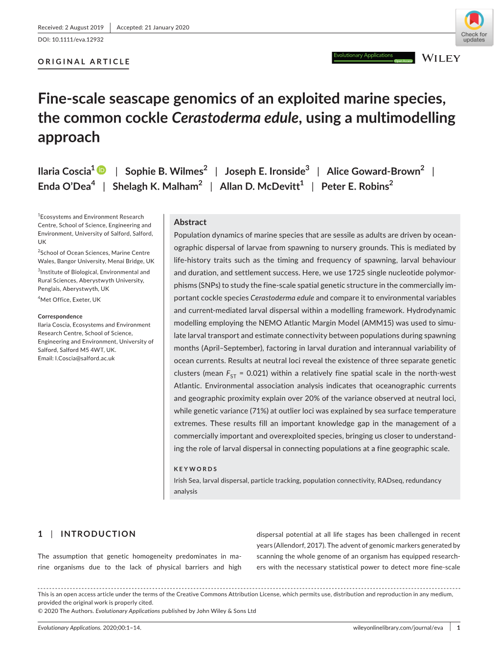 Fine‐Scale Seascape Genomics of an Exploited Marine Species, the Common Cockle Cerastoderma Edule, Using a Multimodelling Appr