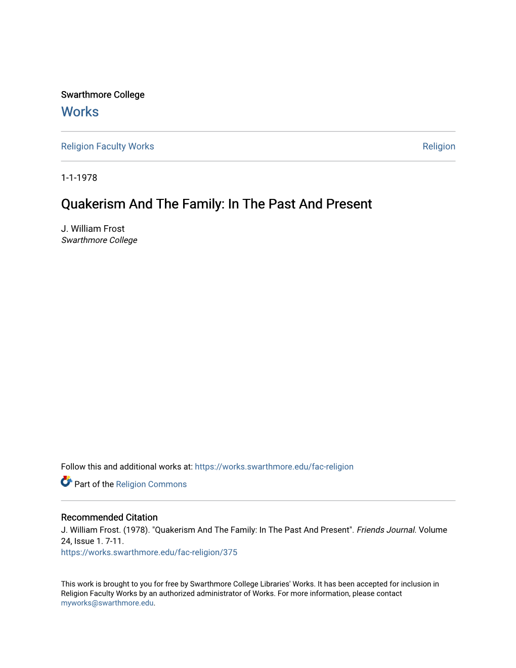 Quakerism and the Family: in the Past and Present