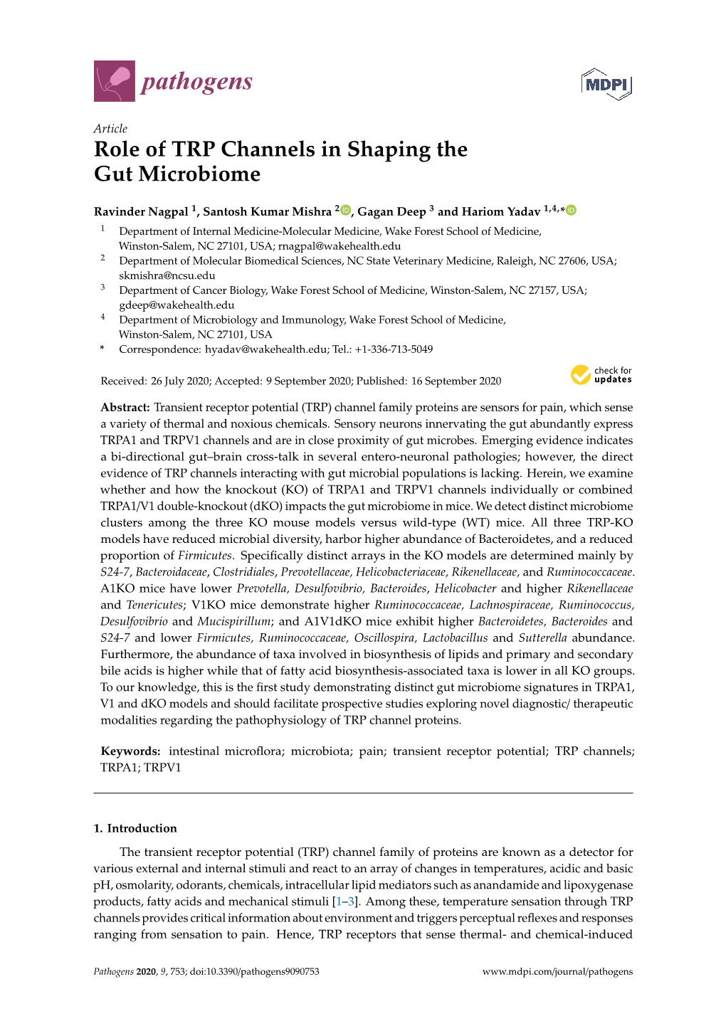 Role of TRP Channels in Shaping the Gut Microbiome