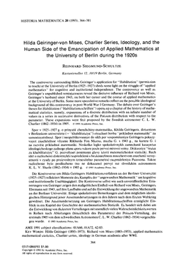 Hilda Geiringer-Von Mises, Charlier Series, Ideology, and the Human Side of the Emancipation of Applied Mathematics at the University of Berlin During the 1920S