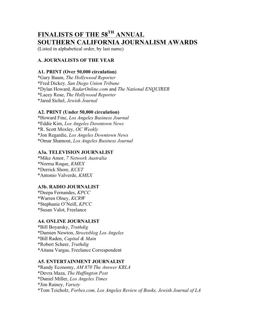 LISTS of the 58TH ANNUAL SOUTHERN CALIFORNIA JOURNALISM AWARDS (Listed in Alphabetical Order, by Last Name)