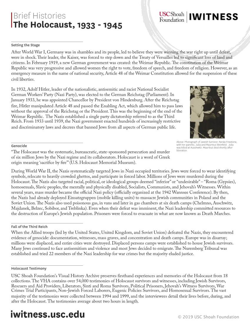 Brief Histories the Holocaust, 1933 - 1945