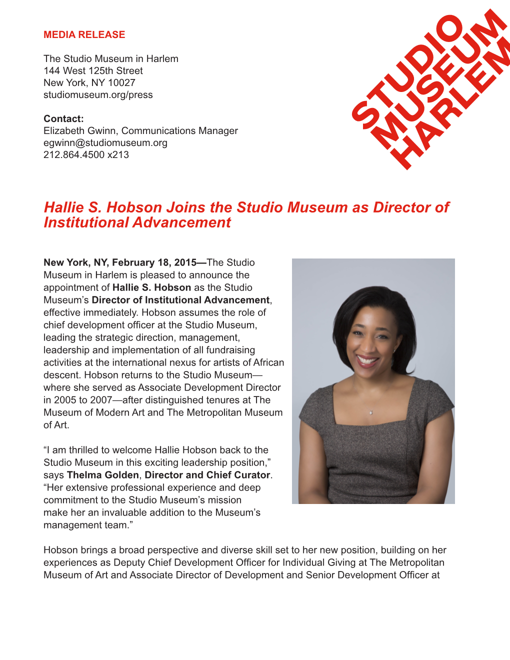 Hallie S. Hobson Joins the Studio Museum As Director of Institutional Advancement