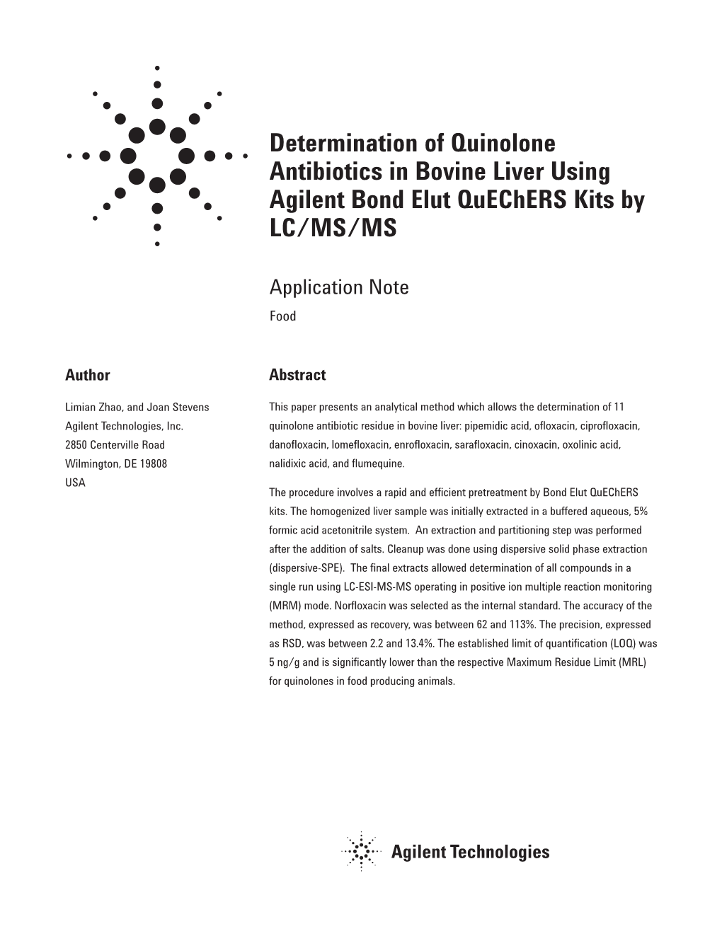 Determination of Quinolone Antibiotics in Bovine Liver Using Agilent Bond Elut Quechers Kits by LC/MS/MS