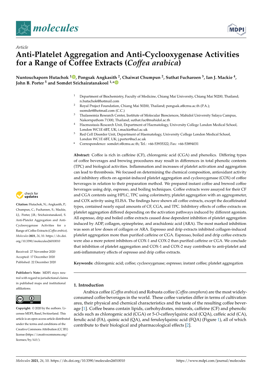 Anti-Platelet Aggregation and Anti-Cyclooxygenase Activities for a Range of Coffee Extracts (Coffea Arabica)