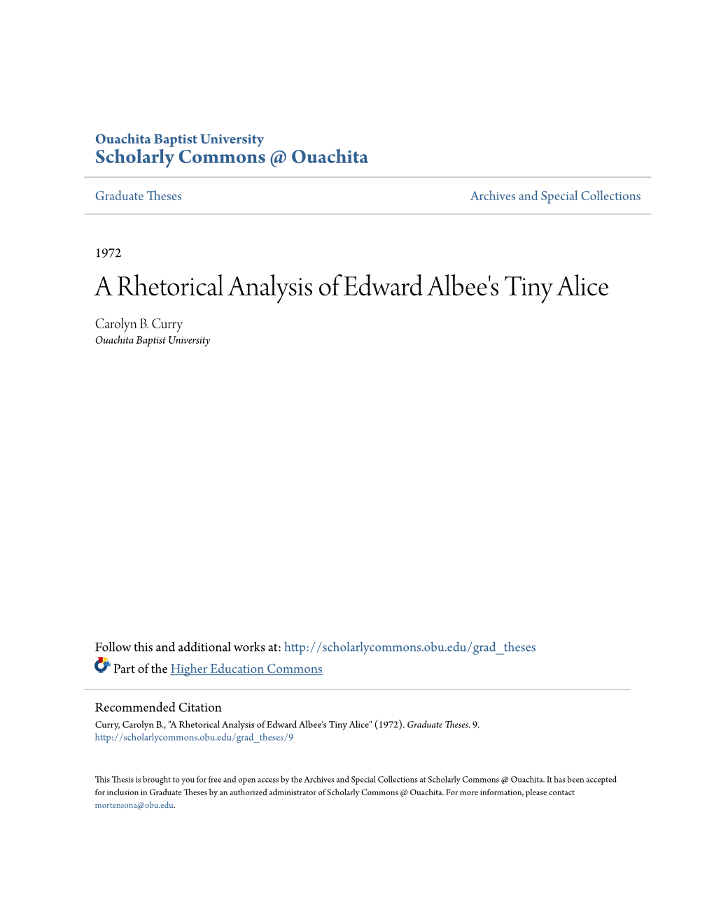 A Rhetorical Analysis of Edward Albee's Tiny Alice Carolyn B