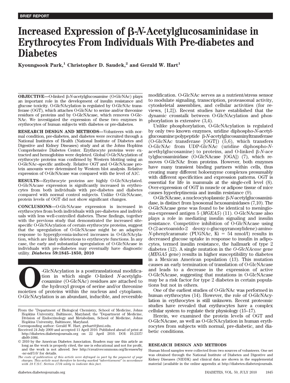 Increased Expression of ␤-N-Acetylglucosaminidase in Erythrocytes from Individuals with Pre-Diabetes and Diabetes Kyoungsook Park,1 Christopher D