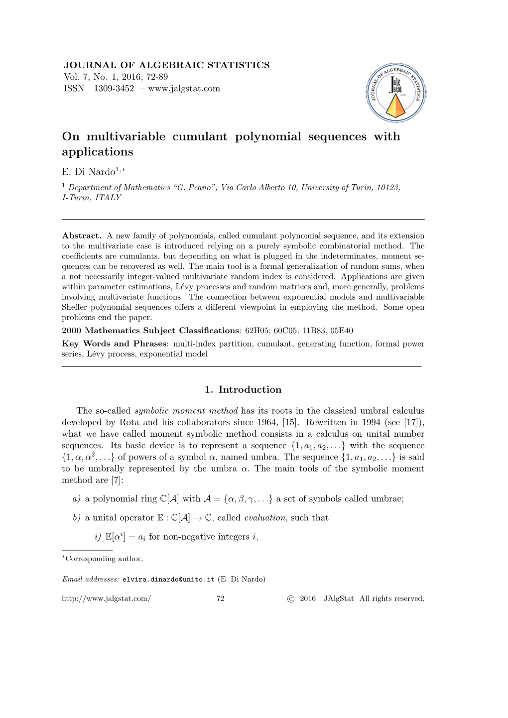 On Multivariable Cumulant Polynomial Sequences with Applications E