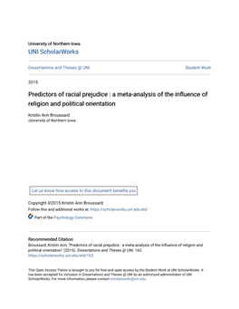 Predictors of Racial Prejudice : a Meta-Analysis of the Influence of Religion and Political Orientation