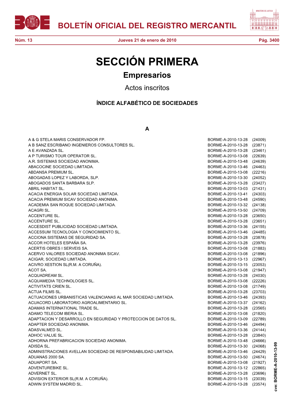 ÍNDICE ALFABÉTICO DE SOCIEDADES Del BORME Núm. 13