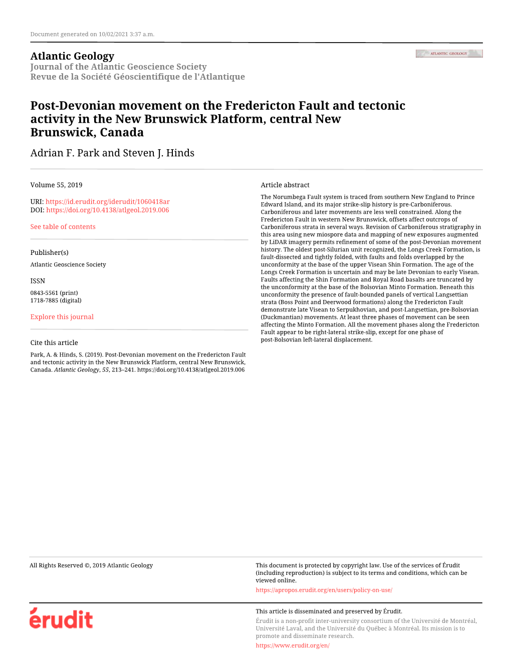 Post-Devonian Movement on the Fredericton Fault and Tectonic Activity in the New Brunswick Platform, Central New Brunswick, Canada Adrian F