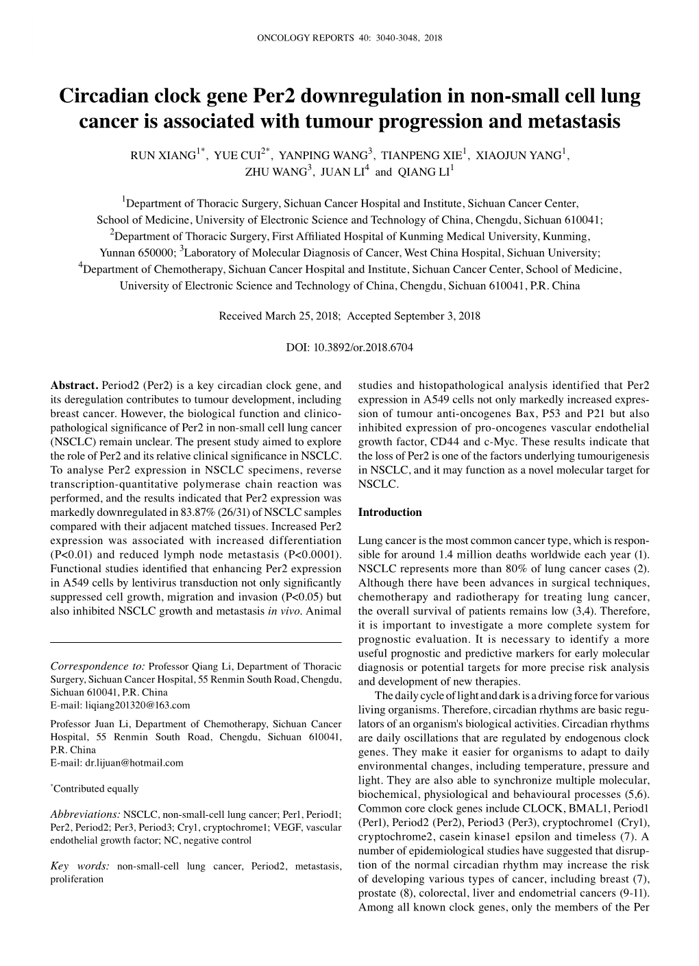 Circadian Clock Gene Per2 Downregulation in Non‑Small Cell Lung Cancer Is Associated with Tumour Progression and Metastasis