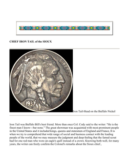 CHIEF IRON TAIL of the SIOUX Iron Tail-Head on the Buffalo Nickel Iron Tail Was Buffalo Bill's Best Friend. More Than Once