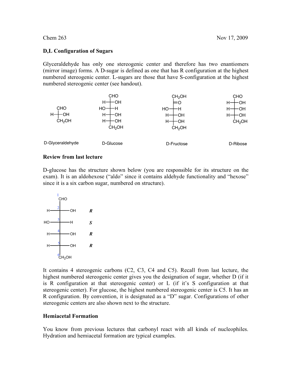 Chem 263 Nov 17, 2009 D,L Configuration of Sugars