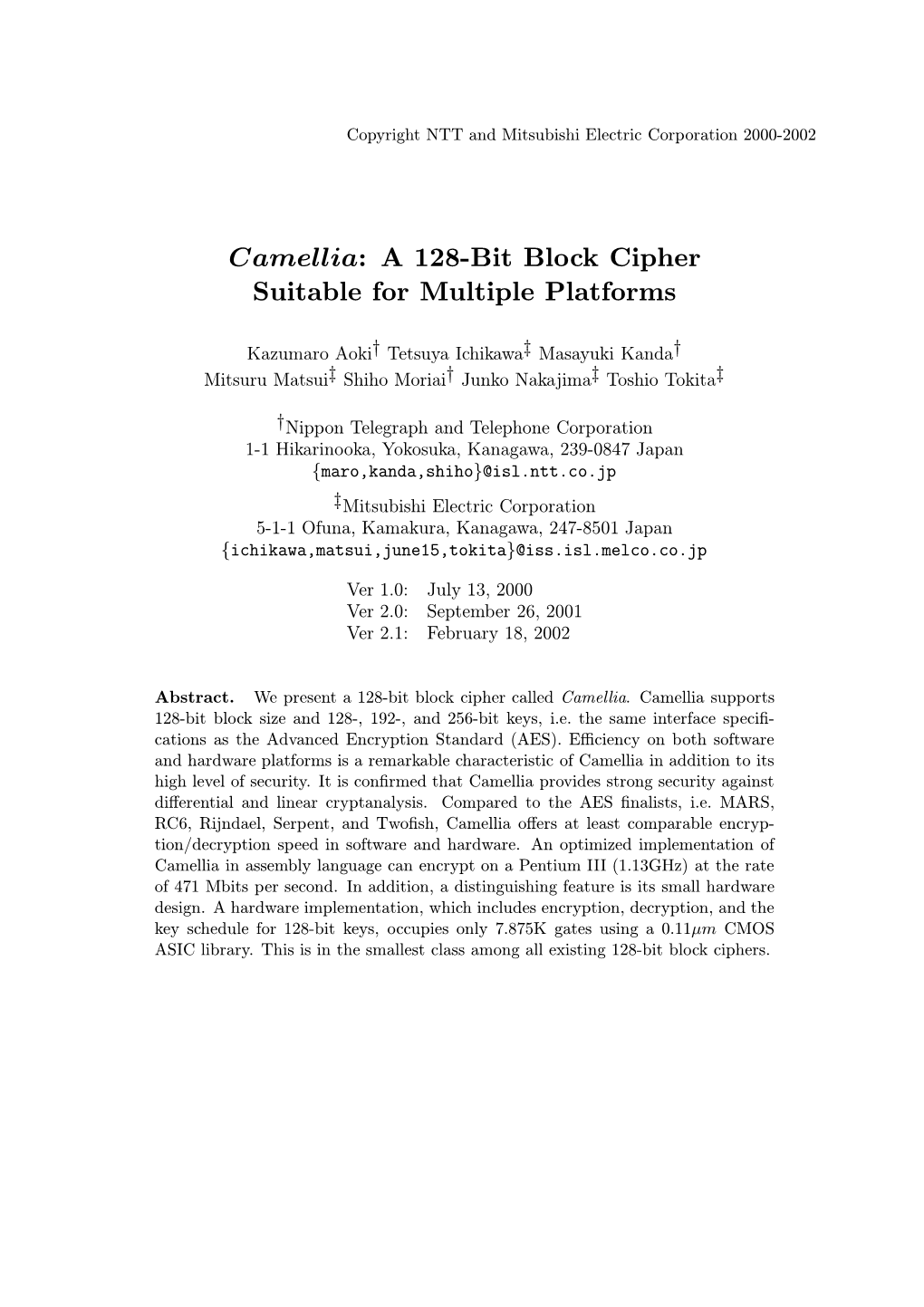 Camellia: a 128-Bit Block Cipher Suitable for Multiple Platforms