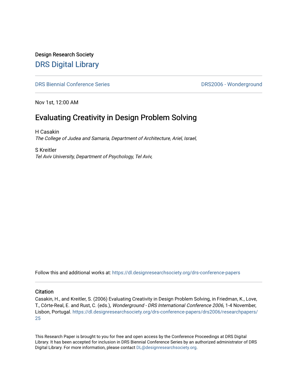 Evaluating Creativity in Design Problem Solving
