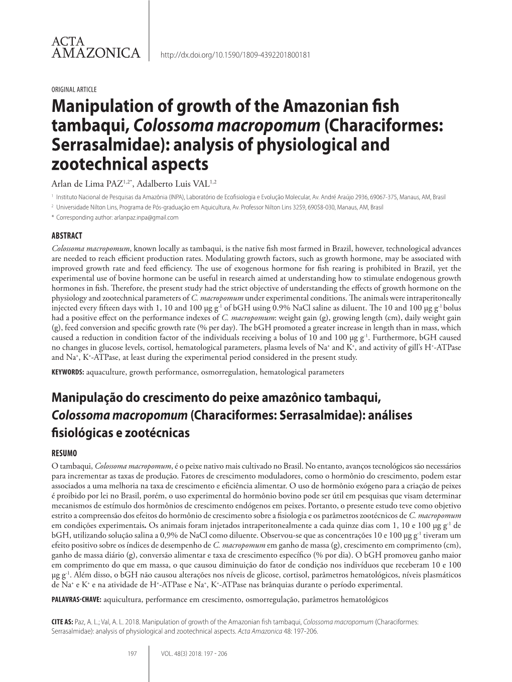 Manipulation of Growth of the Amazonian Fish Tambaqui