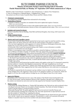 SUTCOMBE PARISH COUNCIL Minutes of Sutcombe Parish Council Meeting Held at Sutcombe Parish Memorial Hall, on Monday 16Th September 2019 Which Commenced at 7.45P.M