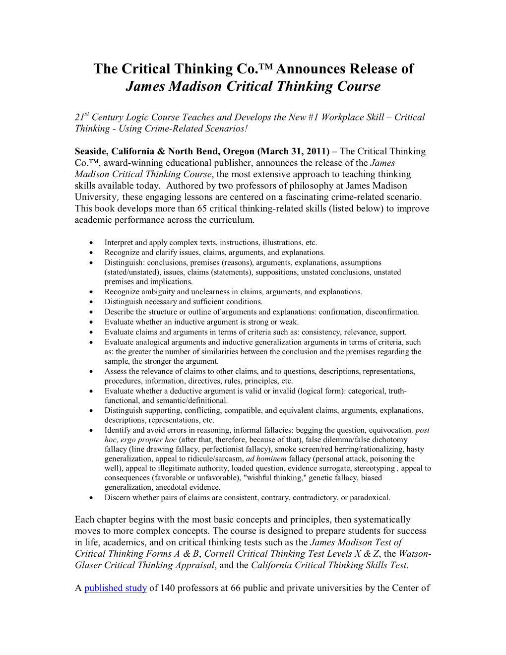 The Critical Thinking Co.™Announces Release of James