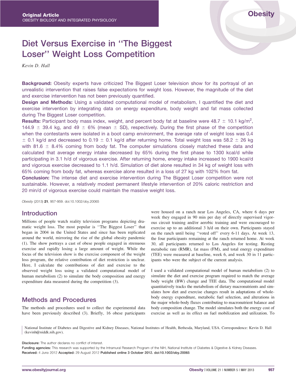 Diet Versus Exercise in the Biggest Loser Weight Loss Competition
