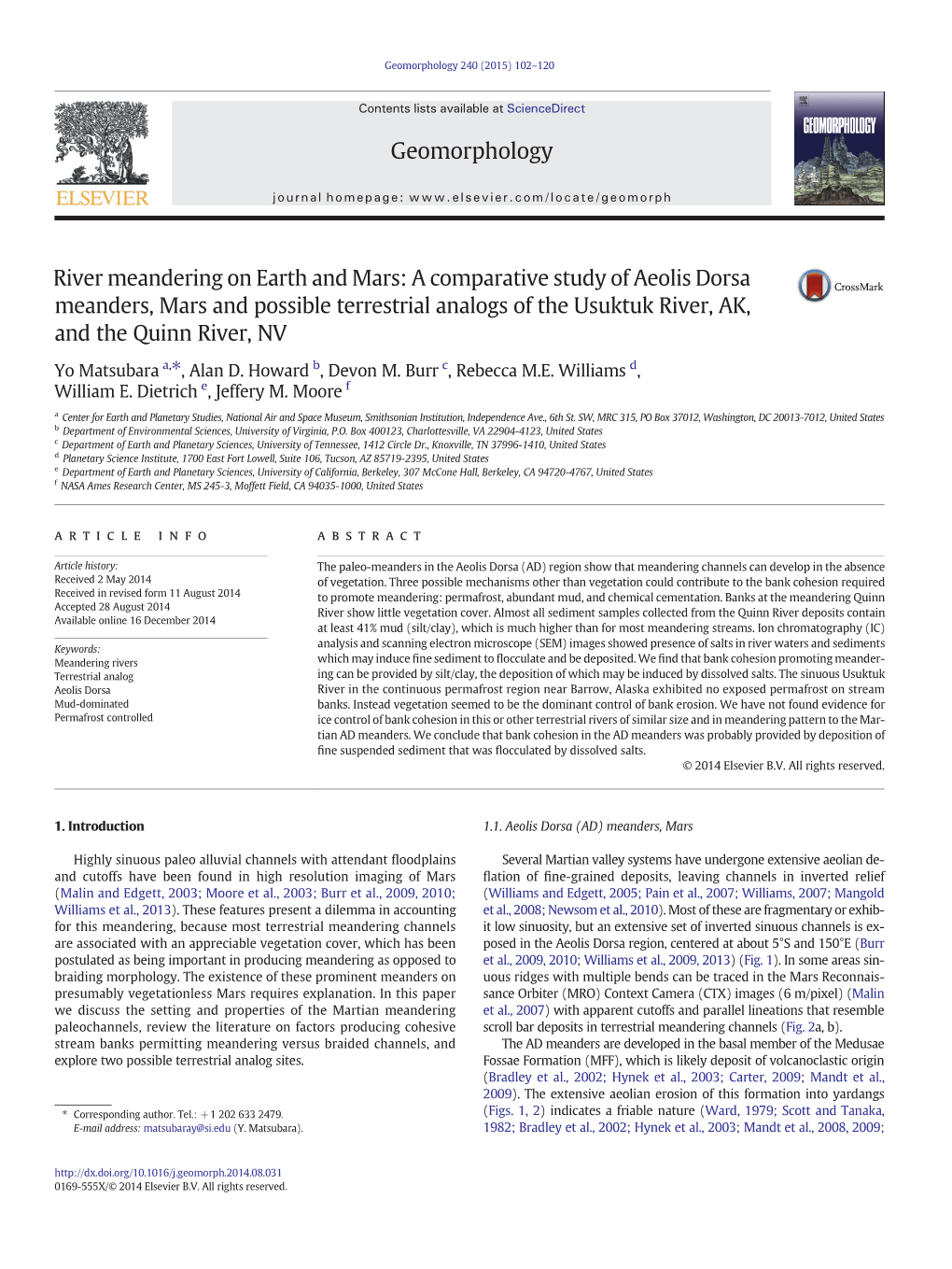 A Comparative Study of Aeolis Dorsa Meanders, Mars and Possible Terrestrial Analogs of the Usuktuk River, AK, and the Quinn River, NV