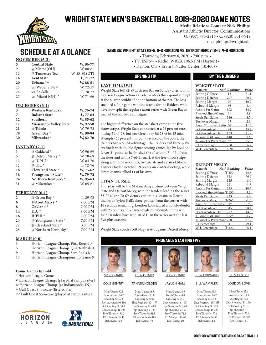 Wright State Men's Basketball 2019-2020 Game Notes