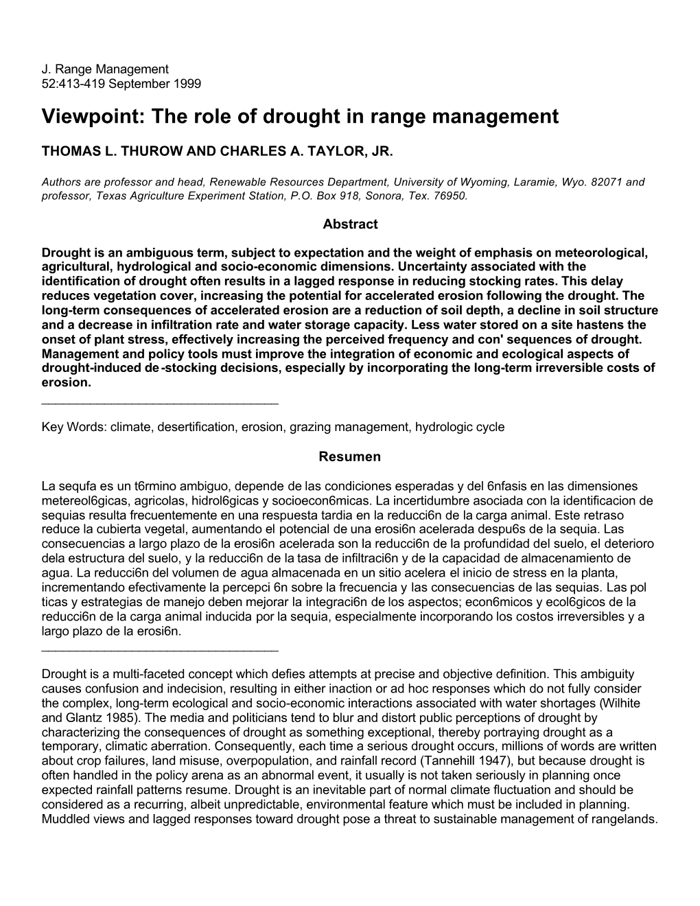 Viewpoint: the Role of Drought in Range Management
