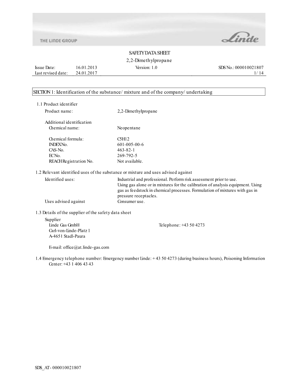 SAFETY DATA SHEET 2,2-Dimethylpropane SECTION 1