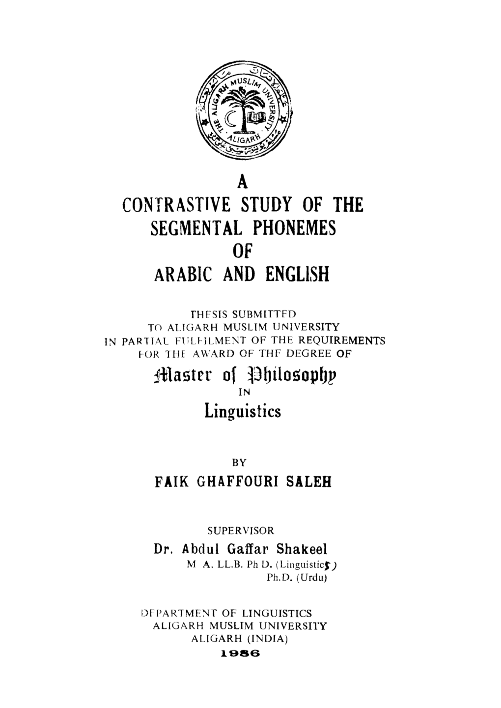 A Contrastive Study of the Segmental Phonemes of Arabic and English
