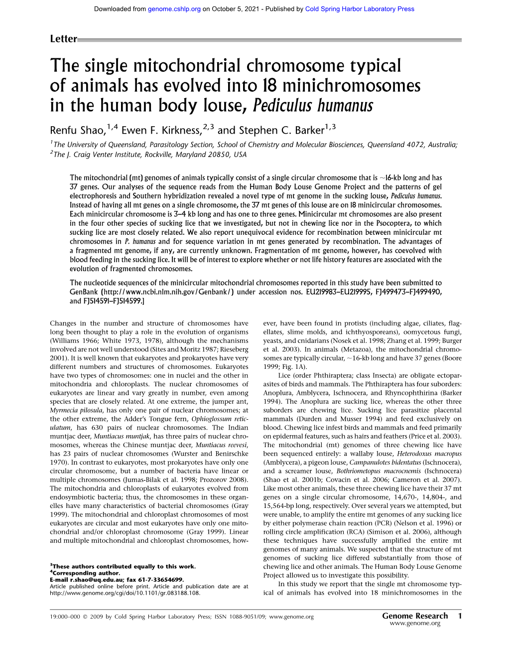 The Single Mitochondrial Chromosome Typical of Animals Has Evolved Into 18 Minichromosomes in the Human Body Louse, Pediculus Humanus