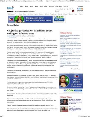 CA Junks Govt Plea Vs. Marikina Court Ruling on Tobacco Case | News | G