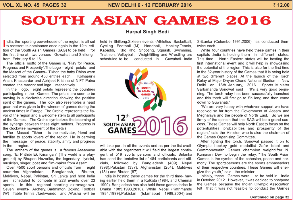 SOUTH ASIAN GAMES 2016 Harpal Singh Bedi