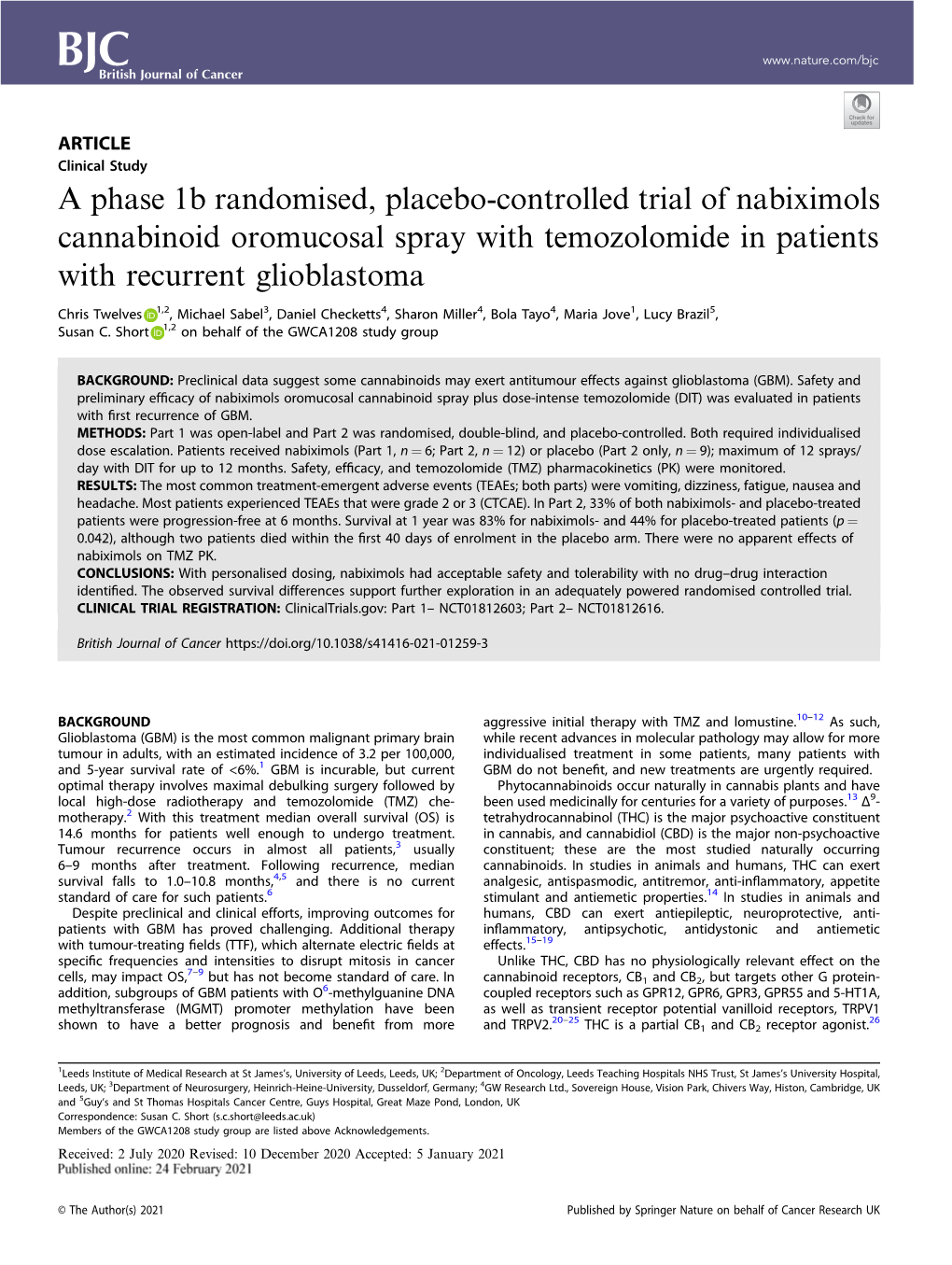 A Phase 1B Randomised, Placebo-Controlled Trial of Nabiximols Cannabinoid Oromucosal Spray with Temozolomide in Patients with Recurrent Glioblastoma