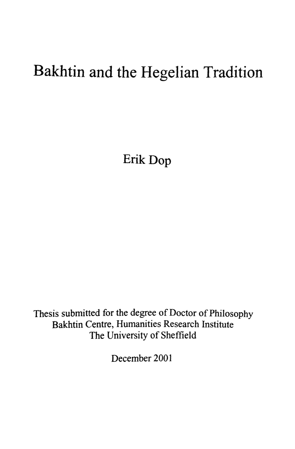 Bakhtin and the Hegelian Tradition