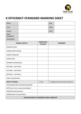 K Efficiency Standard Marking Sheet