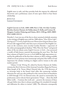 178 EMWJ Vol. 9, No. 1 • Fall 2014 Book Reviews English Nuns In
