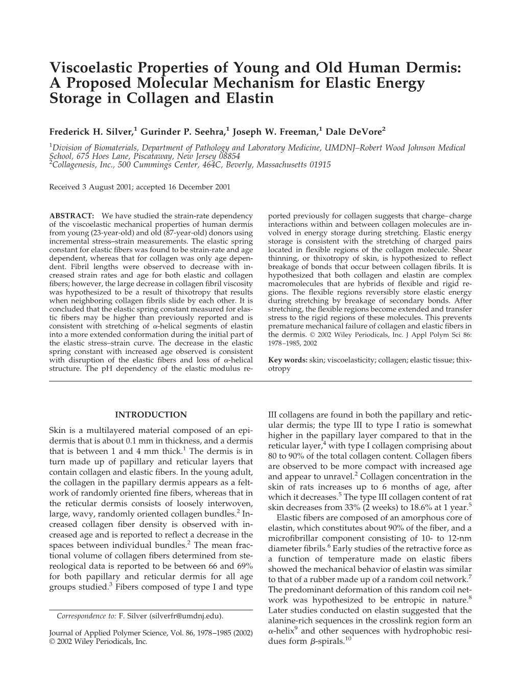 Viscoelastic Properties of Young and Old Human Dermis: a Proposed Molecular Mechanism for Elastic Energy Storage in Collagen